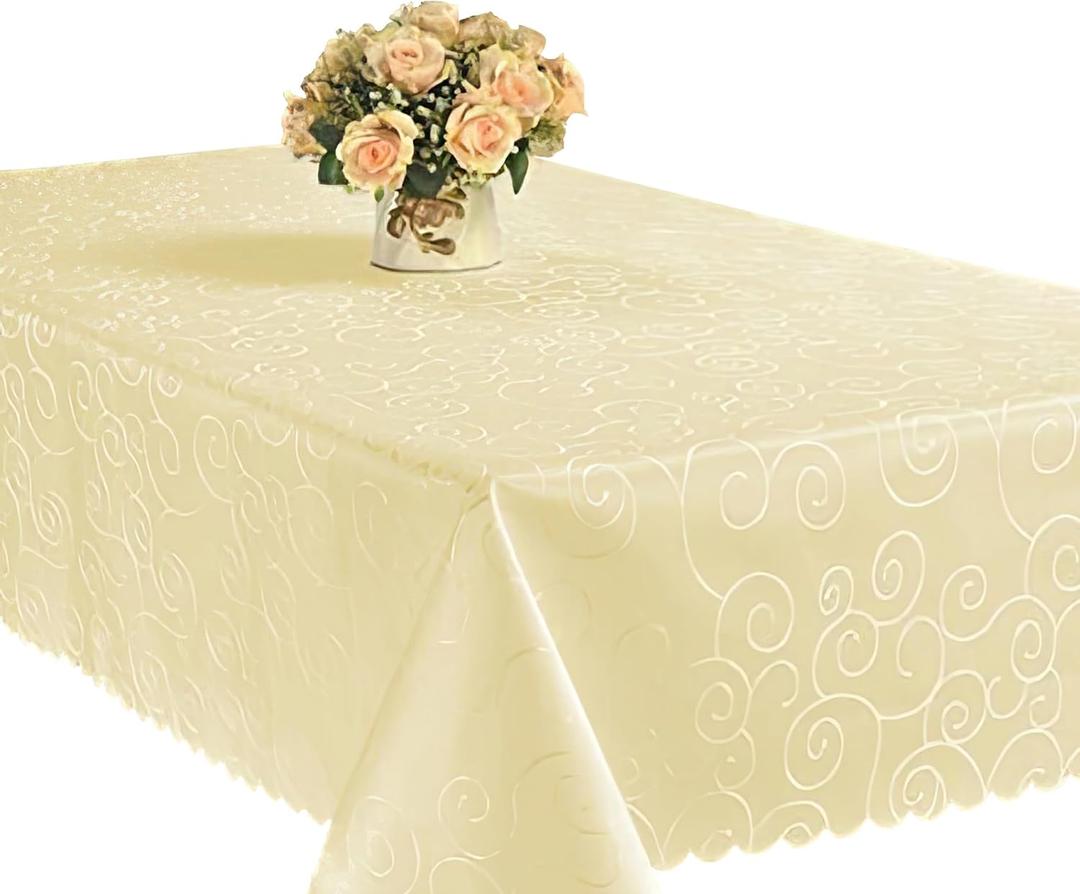 EcoSol Designs - Microfiber Damask Waterproof Stain Resistant Tablecloth, Wrinkle-Free Oval or Rectangular, Versatile and Functional Dining Tablecloth, Ecru, Swirls Design, 60 x 120 inches