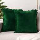 PAVILIA Emerald Green Throw Pillow Covers with Pom Pom 18x18 Set of 2, Decorative Pillow Cases for Bedroom Aesthetic, Small Throw Pillows Set for Bed, Velvet Euro Plush Cushion Covers for Sofa Couch