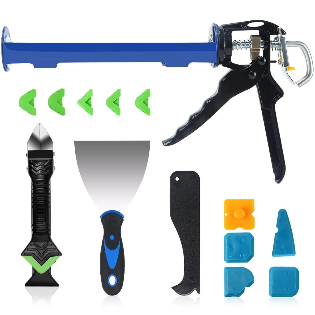 Caulk Gun Kit, Smooth Silicone Caulking Gun and Caulk Remover Tool, Sealant Finishing Tool Grout Scraper for Kitchen Bathroom Window Sink Joint, All in One with Gift Box