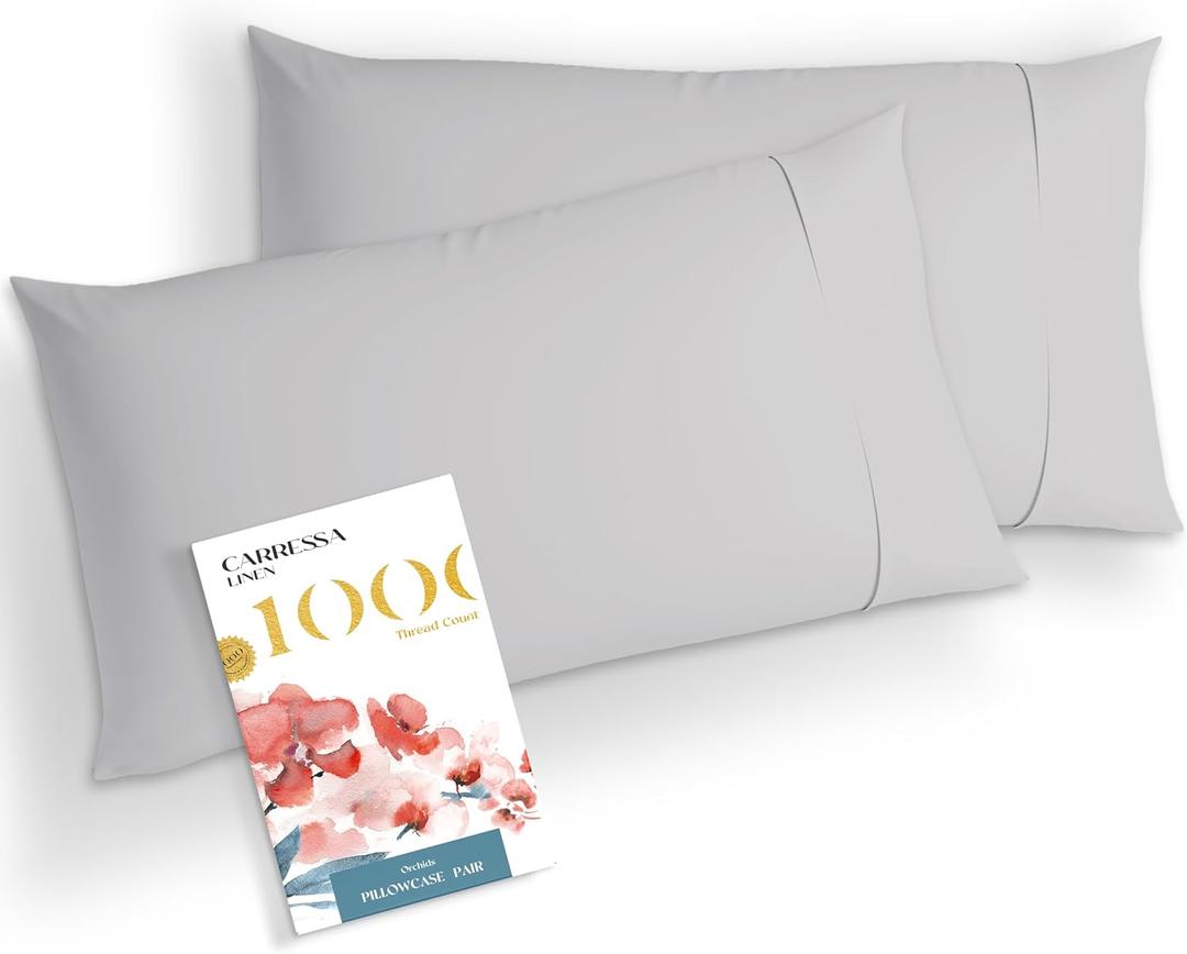 Carressa Linen 100% Egyptian Cotton Standard/Queen Size Pillow Cases Set of 2-1000 Thread Count Pillow Cover - Soft, Breathable & Cooling Silver Pillowcases Set of 2 for Standard/Queen Pillows