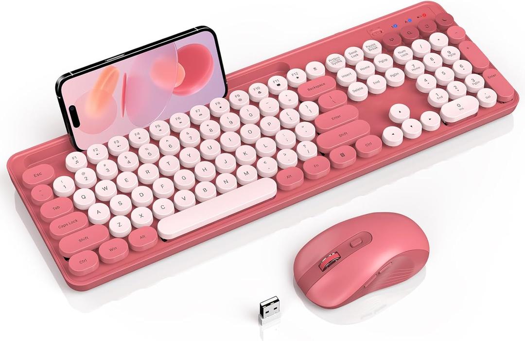 Wireless Keyboard and Mouse Combo, Retro Round Keycap Typewriter Keyboard with Phone/Tablet Holder, Cute Colorful Combo for Computer/Laptop/Windows/PC by SABLUTE, Pink (Pink)