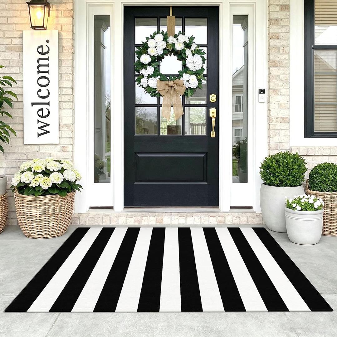 KOZYFLY Black and White Striped Area Rug 3x5 Ft Front Door Rug Hand Woven Cotton Washable Outdoor Doormats Outdoor Entrance Mat for Front Door Kitchen Entryway Patio Front Porch Decor