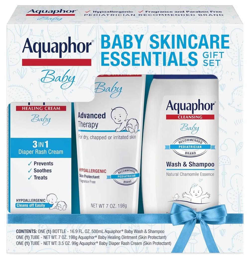 Aquaphor Baby Skin Care Essentials Gift Set with Baby Wash and Shampoo (16.9 Fl Oz) + Healing Ointment for Chapped Skin and Drool Rash (7Oz) + Diaper Rash Cream (3.5Oz), Hypoallergenic