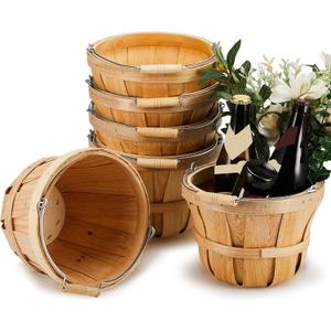 6 Pack Round Wooden Fruit Baskets Small Bushel Apple Buckets with Handle Display Buckets for Gifts Empty Christmas Winter Easter Basket for Fruits Vegetables, Home Garden Party Supplies