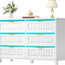 DWVO 6-Drawer Dresser, White Wood Dresser with Charging Station and LED RGB Light, Chest of Drawers Storage Organizer TV Stand for 60'' TV, Living Room, Closet, Entryway