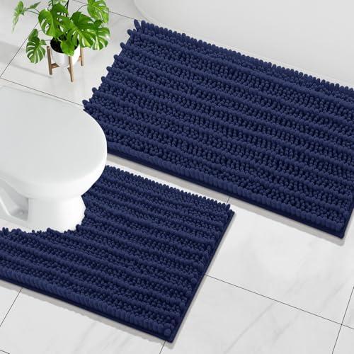 Arotive Luxury Chenille Bathroom Rugs Set 2 Piece, Extra Soft Absorbent Shaggy Bath Mats, Non-Slip Machine Wash Dry Bath Rugs for Bathroom, Shower, Tub and Toilet, 36x24 and U-Shaped 24x20, Navy