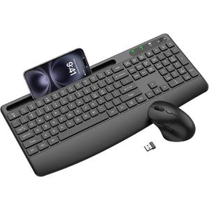 Wireless Keyboard and Mouse Combo, 2.4G Full Size Silent Ergonomic Keyboard with Wrist Rest, Phone Holder, 3 DPI Adjustable Ergonomic Quiet Mouse for Windows, Mac OS Desktop/Laptop/PC(Black)