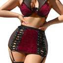 Foxiny Sexy Cutout Halter Underwire Leather Mesh Sheer Mini Skirt Stocking Lingerie Set 4 Piece Outfits, Medium
