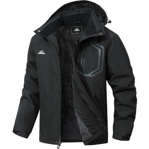 Men's Detachable Hooded Ski Jacket - Waterproof Padded Warm Lined Winter Jacket, Windproof Parka (Black)