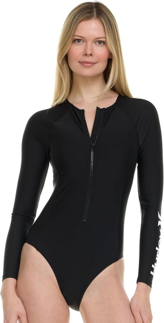 Hurley Long Sleeve Womens One Piece Swimsuits, Swimsuit for Women, Bathing Suit for Women, Swim Suit UPF 50+ SPF UV Protected (Large, Black)