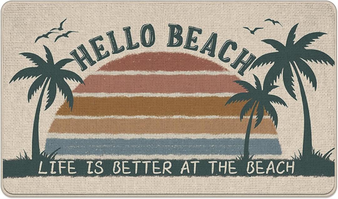 Hello Beach Welcome Front Door Mat, Coastal Tropical Palm Tree, 17''x29''