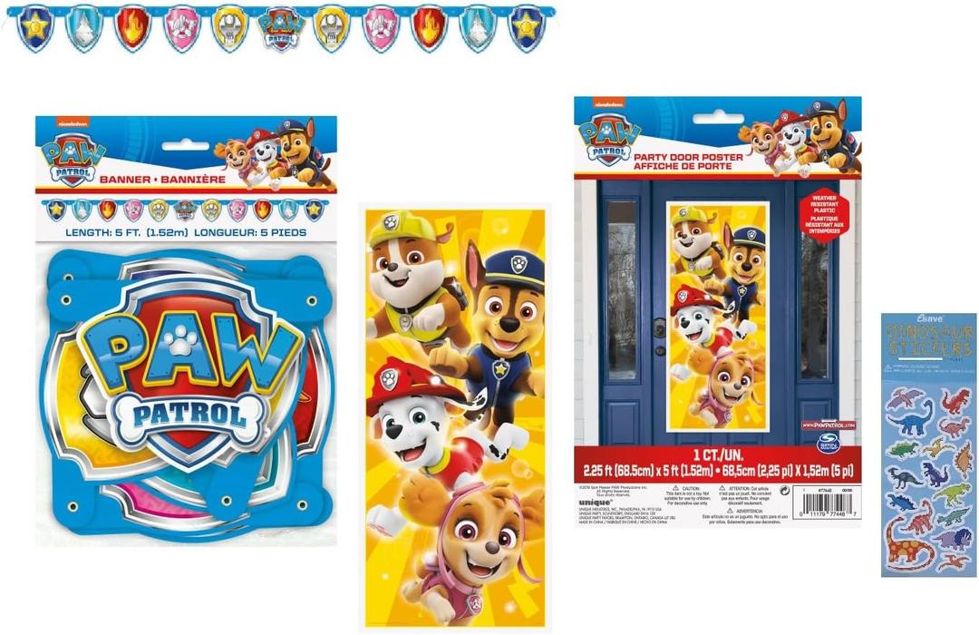 Paw Patrol Birthday Party Supplies Bundle includes 1 5ft Happy Birthday Banner, 1 Plastic Door Poster 27" x 60", 1 Dinosaur Sticker Sheet