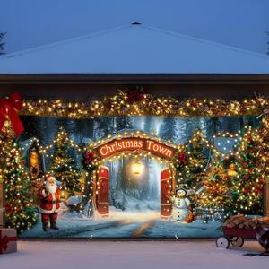 HunnmingRe Christmas Door Banner Decoration 13 x 6 Ft Magnetic Garage Door Covers Large Christmas Backdrop Decorations for Outdoor Indoor Xmas Party(Xmas Town)