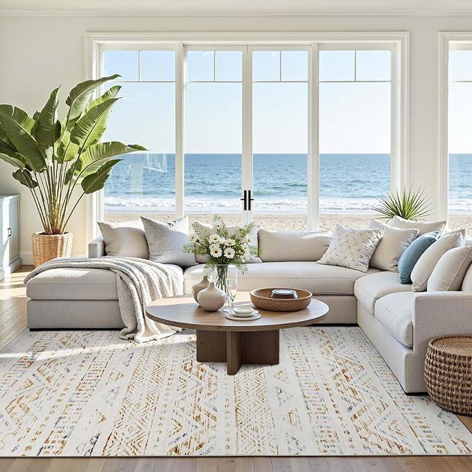 Jinchan Moroccan 5x7 Area Rugs for Bedroom - Machine Washable Soft Modern Geometric Stain Resistant Non-Slip Ultra-Thin Low-Pile Faux Wool Carpet for Living Room Kitchen Dining Room (5x7ft, Taupe)