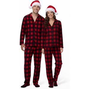 Christmas Couples Pajamas Matching Set Family Pajama Xmas Fleece Button Plaid Sleepwear with Sock and Christmas Hat (Small, Women)