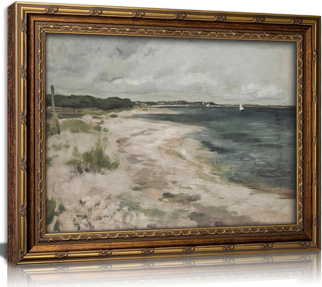 Vintage Gold Framed Coastal Canvas Wall Art Seaside Town Ocean Landscape Painting Picture Retro Seascape Aesthetics Poster Prints Artwork for Living Room Bedroom Bathroom Wall Decor