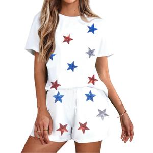 VILOVE Halloween 2 Piece Sequin Outfits Women Cute Ghost Graphic Shirts and Short Sets Casual Spooky Season Fall Set (Large, White)