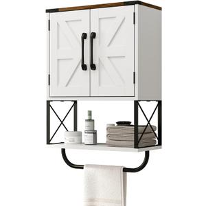 RUSTOWN Farmhouse Rustic Medicine Cabinet with Two Barn Door,Wood Wall Mounted Storage Cabinet w/Dark Brown Top & Adjustable Shelf and Towel Bar, 3-Tier Cabinet for Bathroom(White)