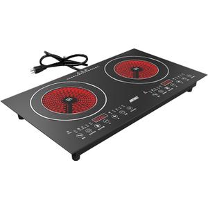 110v Electric Cooktop 2 Burners,2800W,26 '' Electric Stove Top with Plug in, Touch Control Countertop & Built-in Ceramic Cooktop, 9 Heating Level, Hot Warning, Over-Temperature Protection