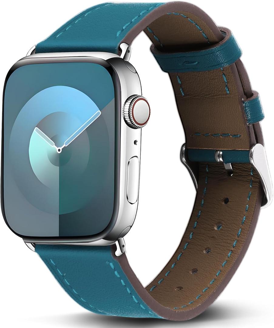 Genuine Leather Band Compatible with Apple Watch Bands for Women Men 49mm 46mm 45mm 44mm 42mm 41mm 40mm 38mm, Soft Leather Replacement Strap for iWatch Ultra/SE/Series 11 10 9 8 7 6 5 4 3 2 1 (Blue)