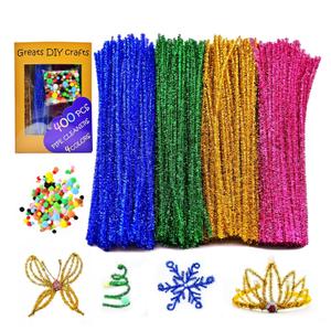 400Pcs Pipe Cleaners Craft Set(Including 130 PCS Mix Pompom), Glitter Pipe Cleaners with 4 Assorted Colors for Crafts,Glittery Chenille Stems, DIY Art Supplies Pipe Cleaners for Decorations