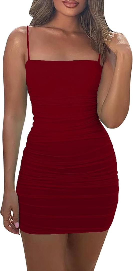 Mizoci Women's Sexy Sleeveless Ruched Spaghetti Strap Bodycon Mini Club Party Dress (Red) XS