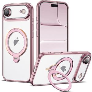 AmoraAqua Compatible with iPhone 17 Air Case with 360° Spin Magnetic Ring Stand [Compatible with Mag-Safe] Full Camera Lens Protector Plating Clear Phone Case for iPhone 17 Air 6.5", Pink