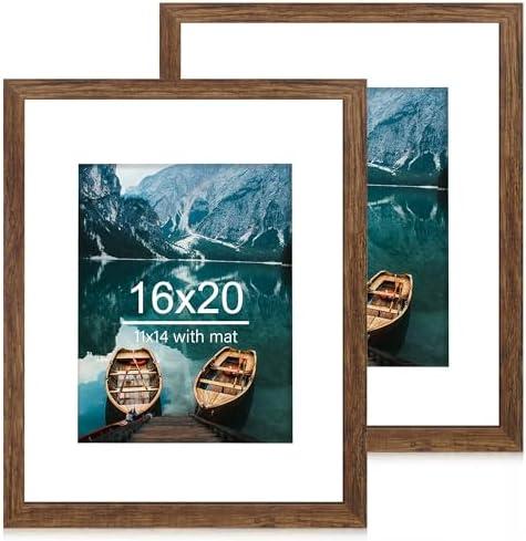 Hongkee 16x20 Frames Set of 2, Rustic Brown Wood Style - Display 16 x 20 Picture without Mat or 11x14 Picture with Mat, Wall Mounting Horizontal and Vertical