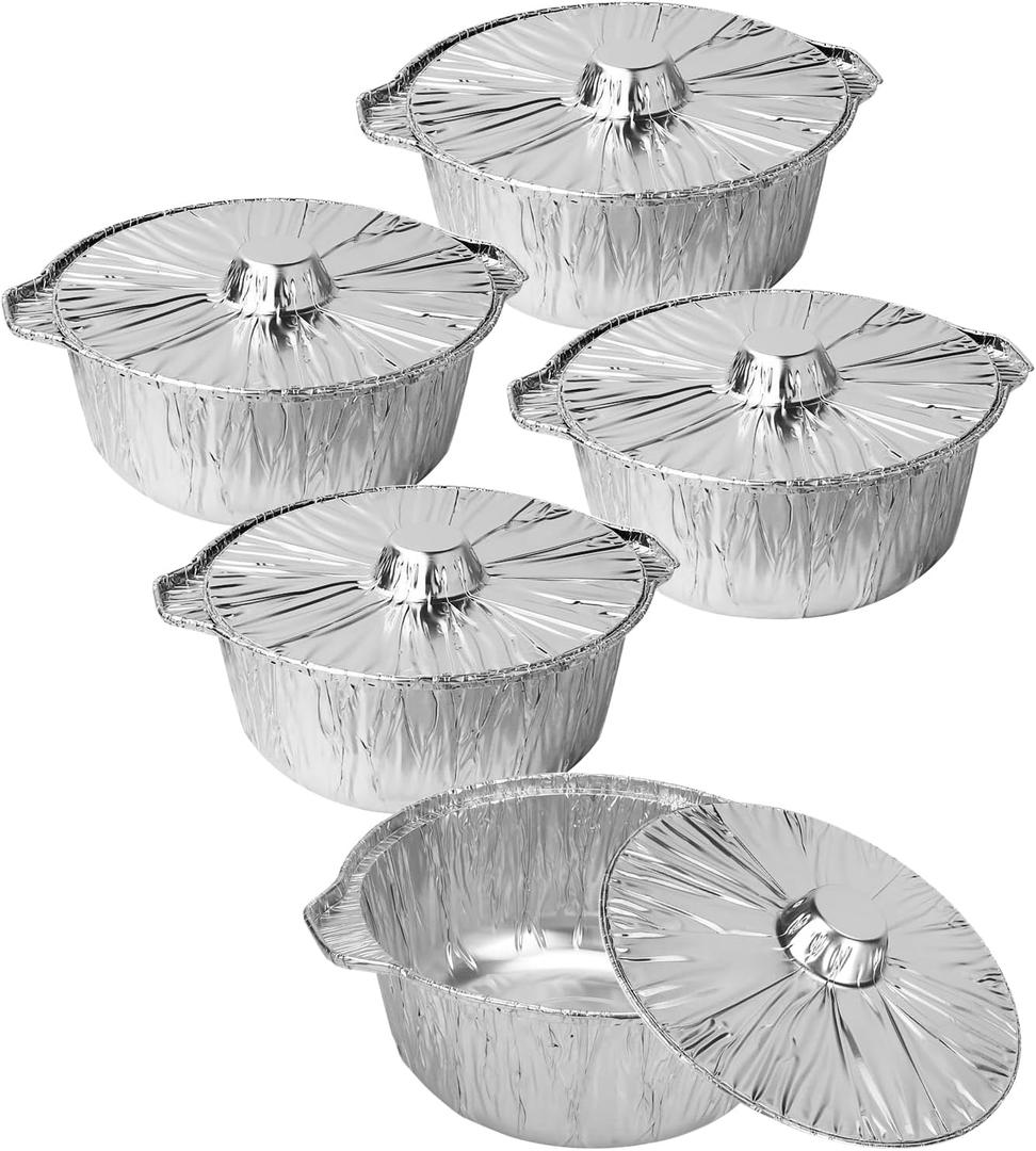74.4 OZ Disposable Aluminum Pot with Lid Disposable Pots Oven-Ready, Aluminum Disposable Pots Round Foil Pans for Cooking, Baking, and Heating Food Container Stove Compatible Baking Foil Pan 5PCS