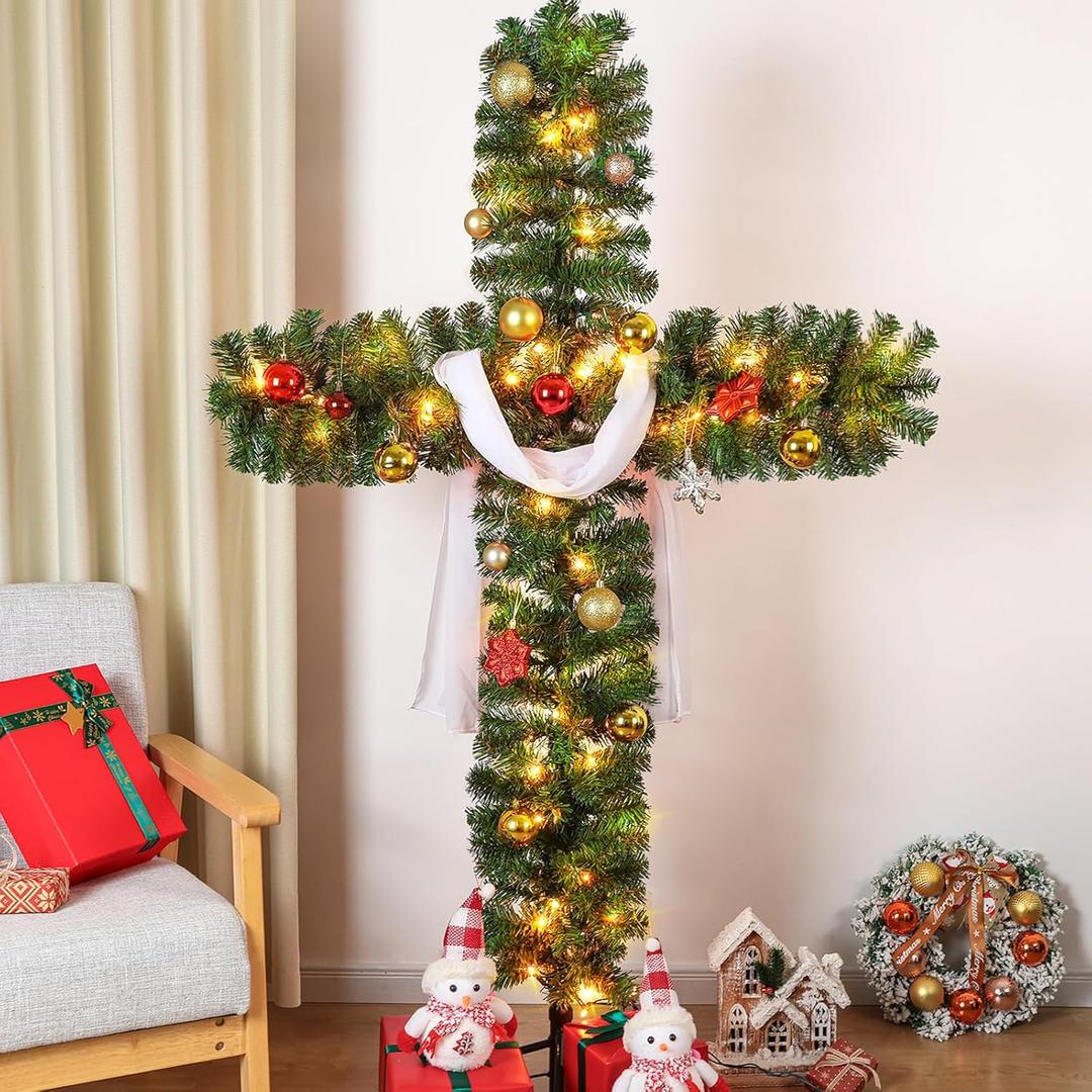 6ft Christmas Cross Tree with 100 Lights and a White Silk Scarf Christmas Decorations Jesus Christ Catholic Cross Decor He is Risen for Outdoor Home Decor