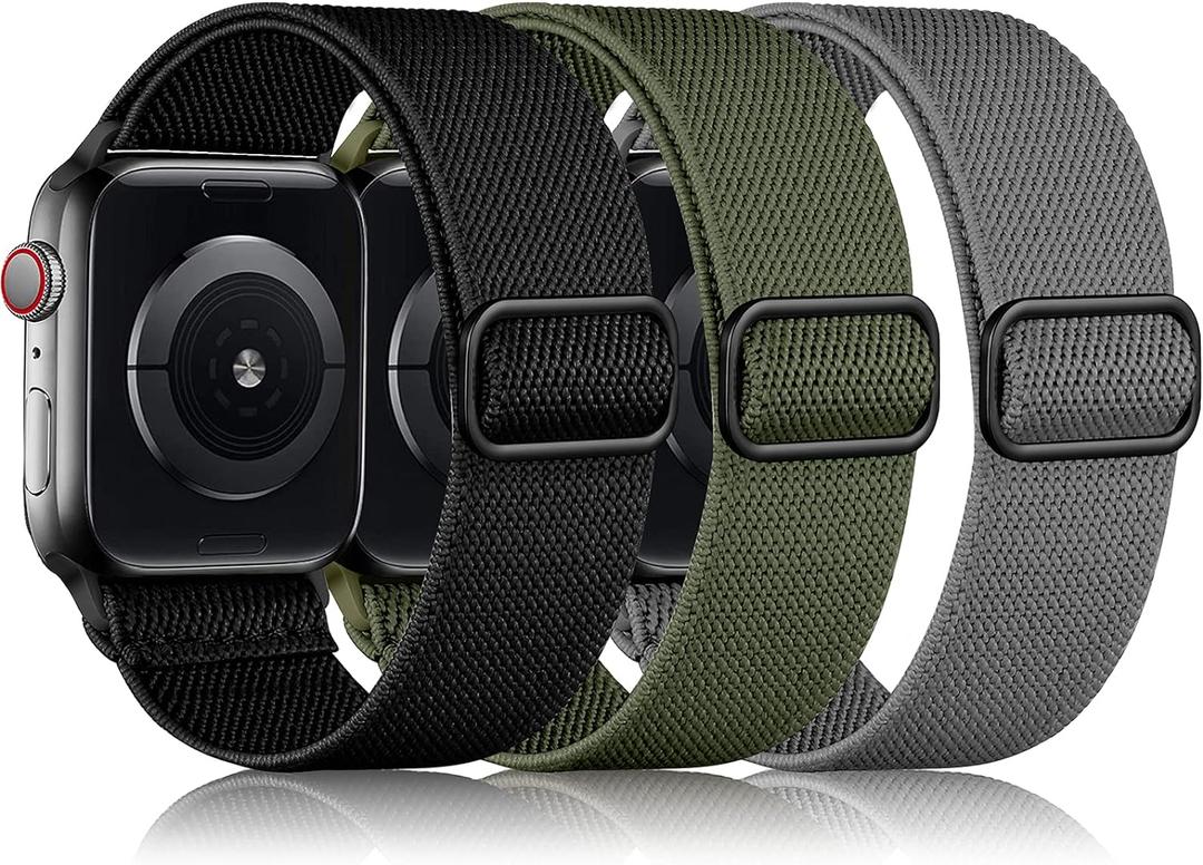 DaQin 3 Pack Stretchy Solo Loop Compatible with Apple Watch Bands for Men 49mm 46mm 45mm 44mm 42mm, Soft Nylon Braided Elastic Strap for iWatch Band Series 11 10 9 8 7 6 5 4 3 SE Ultra 3 Ultra 2 Ultra (Black/Army Green/Dark Gray)