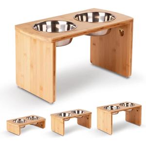 Elevated Dog Bowls, Bamboo Raised Dog Bowl for Large Dogs, with 2 Stainless Steel Bowls (13'' Tall-68oz Bowl, Natural)