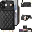 OCASE Compatible with iPhone 17 Crossbody Wallet Case with Card Holder, PU Leather Zipper Handbag Phone Purse with RFID Blocking Kickstand Wrist Strap Lanyard 6.3 Inch, Diamond Check Black