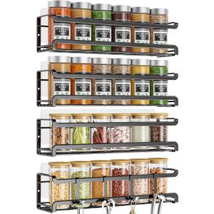 Spice Rack Wall Mounted 4 Pack,Space-Saving Spice Organizer for Spice Jars and Seasonings,Screw or Adhesive Hanging Spice Rack Organizer for Your Kitchen Cabinet,Pantry Door,11.41x2.75x2.75in (Black)