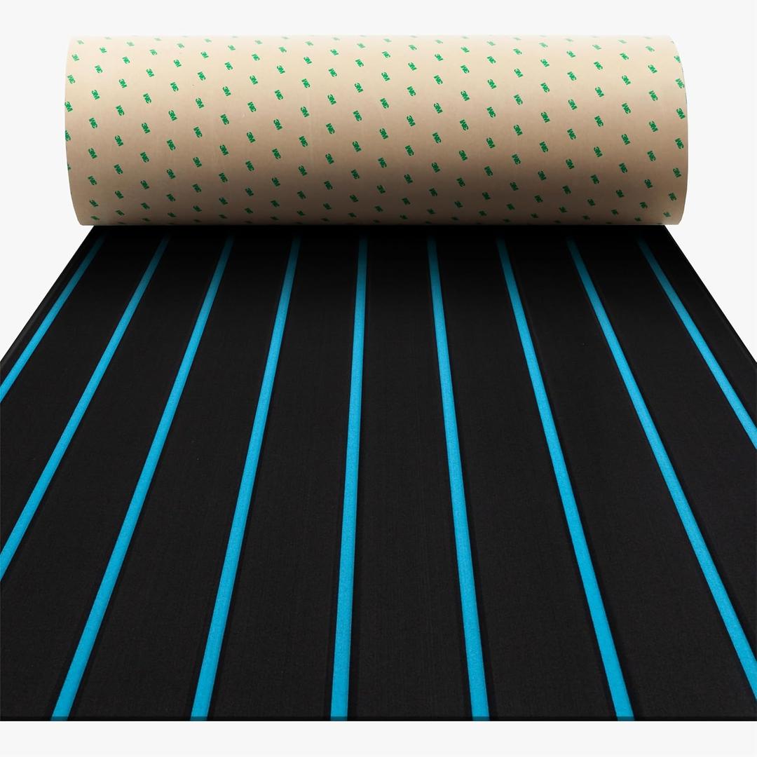 Boat Flooring - EVA Foam Boat Decking - Self-Adhesive Marine Mat Faux Teak Marine Carpet for Boats RV Yacht Kayak 86.6"x43.3"/21.7" (Black With Blue Lines)