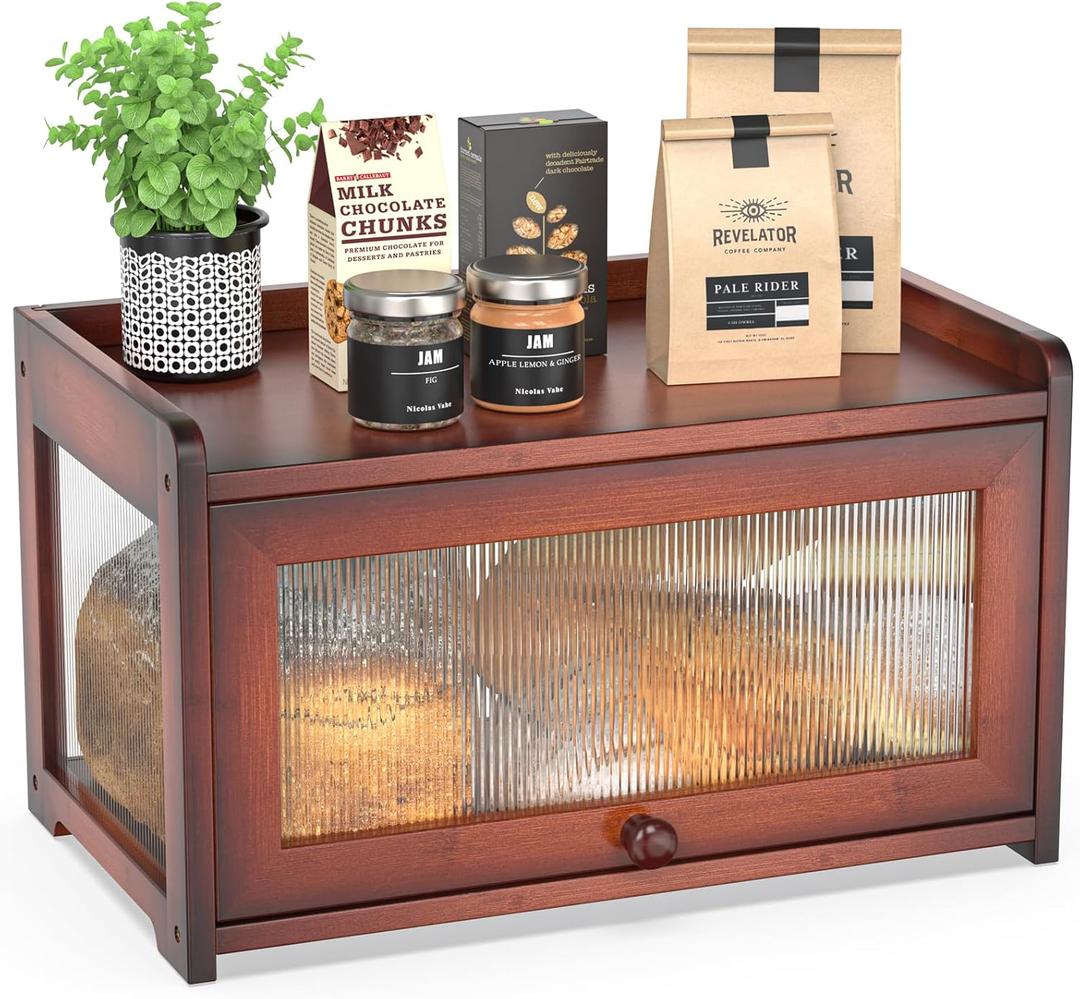 BAMBANG Bamboo Bread Box for Kitchen Countertop, Large Capacity Bread Storage Container Farmhouse Bread Box with 3 Sides Wavy & Back Clear Window, Breadbox Bin Holder for Homemade Bread, Rustic Brown