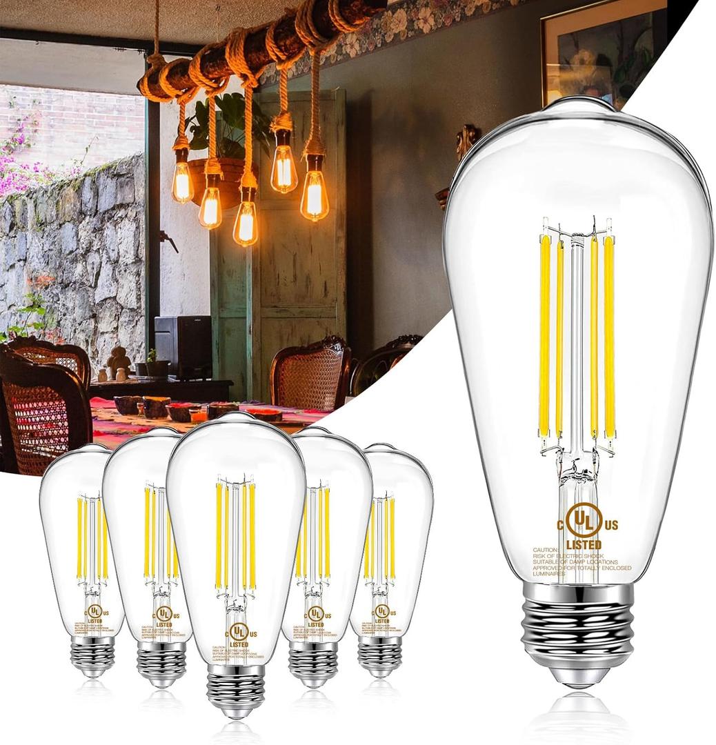 DAYBETTER 6 Pack Vintage LED Edison Bulbs, E26 Led Bulb 60W Equivalent, Dimmable Led Light Bulbs, High Brightness 800 LM Warm White 2700K, ST58 Antique Filament Bulbs, Clear Glass Style for Home