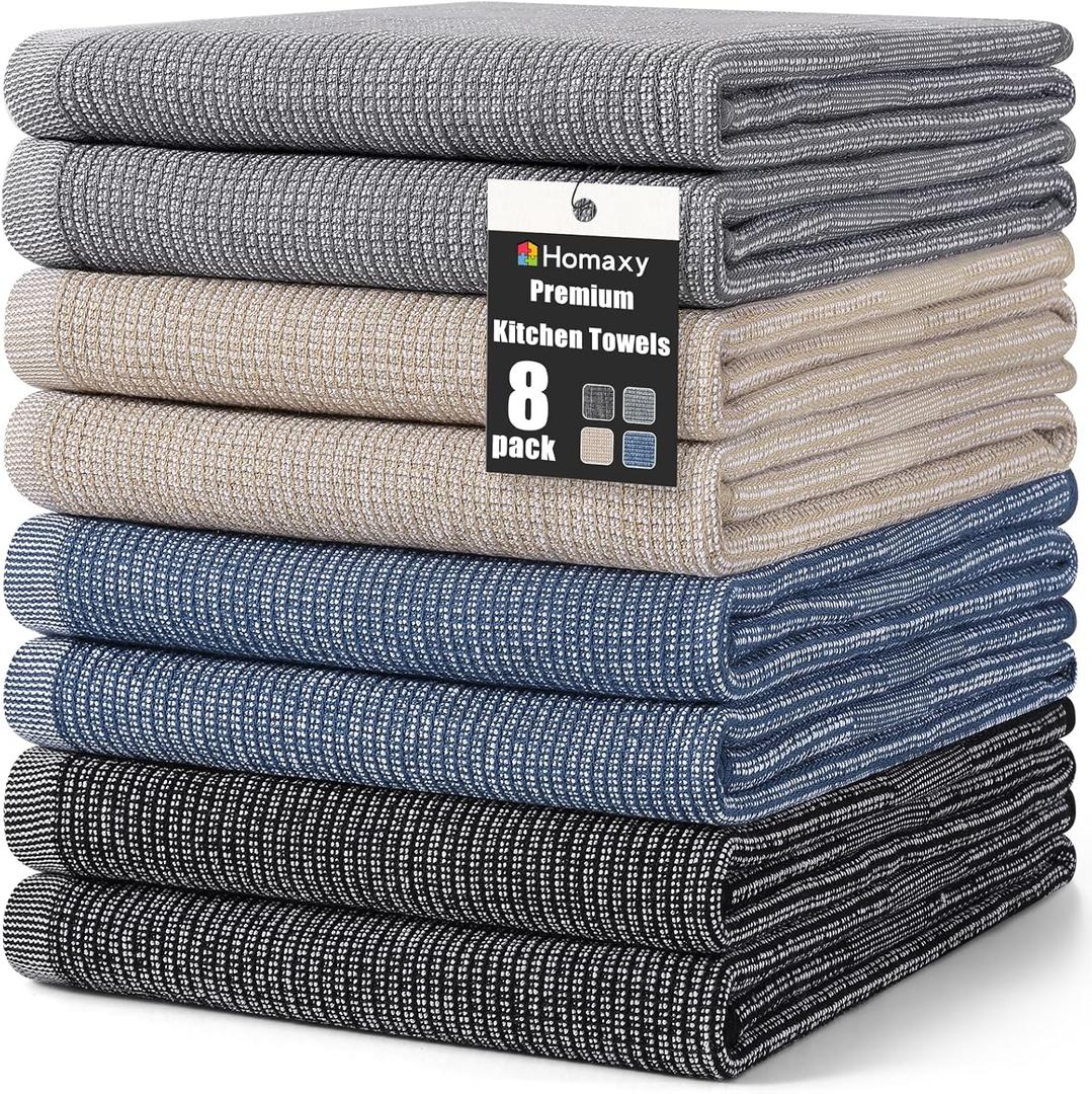 Homaxy Premium Kitchen Towels(18x 28, 8 Pack), Large Cotton Kitchen Hand Towels, Flat and Terry Dish Towels, 380 GSM Highly Absorbent Tea Towel Set with Hanging Loop, Mixed Color