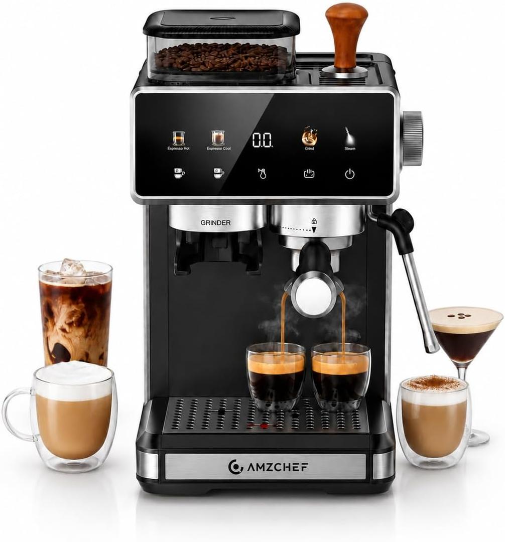AMZCHEF Espresso Machine with Grinder, 20 Bar, Latte & Cappuccino, Black
20 Grind Settings, Built-In Grinder, Hot & Cold Brew, 30s Heat-Up, 3 Temps, 3–10s Pre-Infusion, Milk Frothing, Compact Design