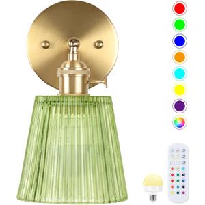 Battery Operated Wall Sconce,Vintage Battery Wall Light With Remote Dimmable Wireless Wall Sconces With Glass Lampshade Rechargeable, Led Wall Lamp Fixtures For Bedroom, Living Room (Stripe Green)