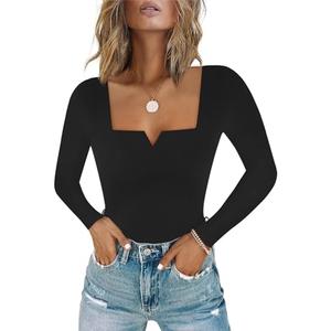 Chunpin Women's Square Neck Notch V Neck Long Sleeve Bodysuit Tops Double Lined Thong Bodysuit (Medium)