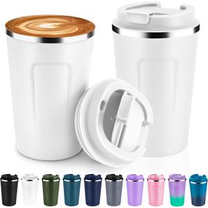 Volhoply 12 oz Double Wall Insulated Vacuum Travel Coffee Mugs with Flip Lid Bulk 2 Pack,Reusable Stainless Steel Leak Proof Coffee Cup,Portable Cafe Thermal Tumbler for Hot & Cold Drinks(White,2 Set)