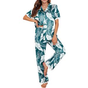 Ekouaer Women's Silk Satin Pajamas Set Button Down 2 Piece Pjs Short Sleeve Long Pants Sleepwear Lounge Set, (Medium, Green Plant)