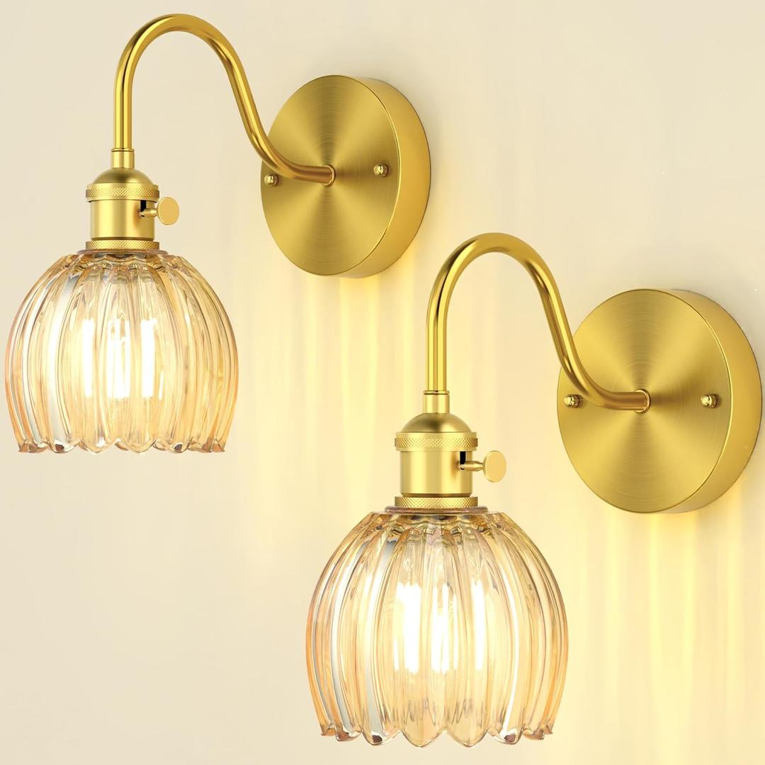 2-Pack Wall Sconces Lights Lamp for Bedroom Bathroom, Modern Vanity Light Fixtures, Wall Mount Lighting Vintage Tulip Amber Glass Shade for Living Room Mirror Hallway Kitchen