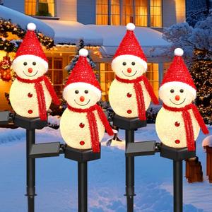Solar Christmas Pathway LightSet of 4 Solar Snowman Lights Waterproof Outdoor Christmas Decorations for Xmas Winter Holiday Walkway Lawn Yard Garden Patio Decor (Red,Red,Red,Red, 4PCS)