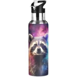 Raccoon Galaxy Water Bottles Kids Insulated Sports Vacuum Stainless Steel Thermos Mug with Straw Lid & Handle 20 oz