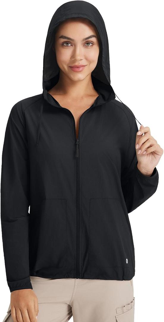 baleaf Women's Sun Jackets No Insert Lightweight Hiking Hoodie UPF 50+ Workout Mosquito Clothes Long Sleeve UV with 2 Pockets, Medium, Black