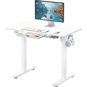 SHW 40-Inch Electric Height Adjustable Standing Desk with Drawer, Memory Preset and Cable Management Tray, White