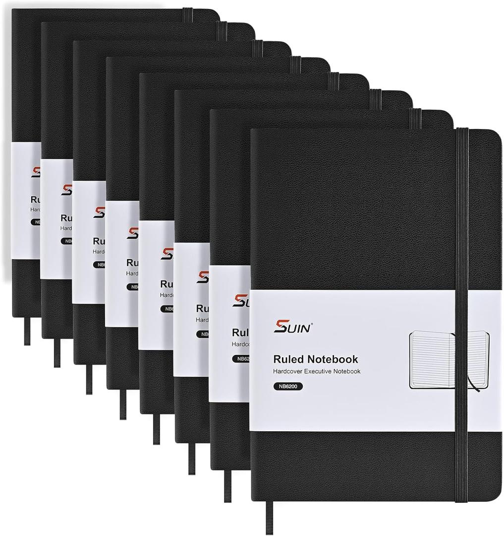 SUIN Lined Journal Notebooks for Work, School & Journaling  Hardcover, Medium A5 Size 5.6 x 8 in, 160 Pages, 100 GSM Thick Paper for Note Taking & Writing (Black-8Pack)