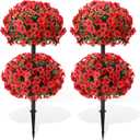 Daifunli 28 Inch Set of 2 Artificial Flowers Topiary Tree Double Ball Boxwood with Spikes for Outdoor UV Resistant Faux Shrubs, Realistic Fake Bushes for Garden Front Porch Patio Decor(Red)